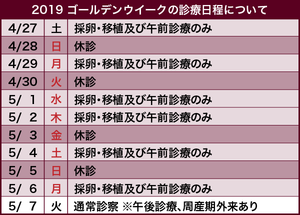 2019 GWに伴う診療日・診察時間変更のご案内